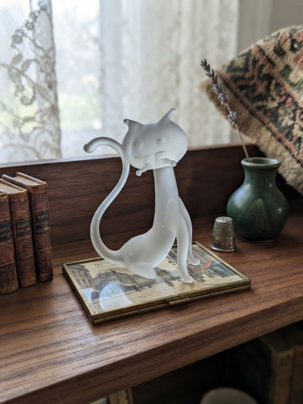 Vintage Frosted Glass Cat Figurine Whimsical Shelf Decor Sculptural Art Glass